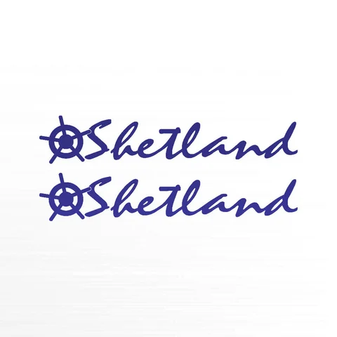 Twee Shetland-logo’s met stuurwiel in donkerblauw