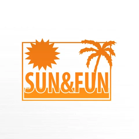 Sun & Fun-sticker met zon en palmbomen in oranje